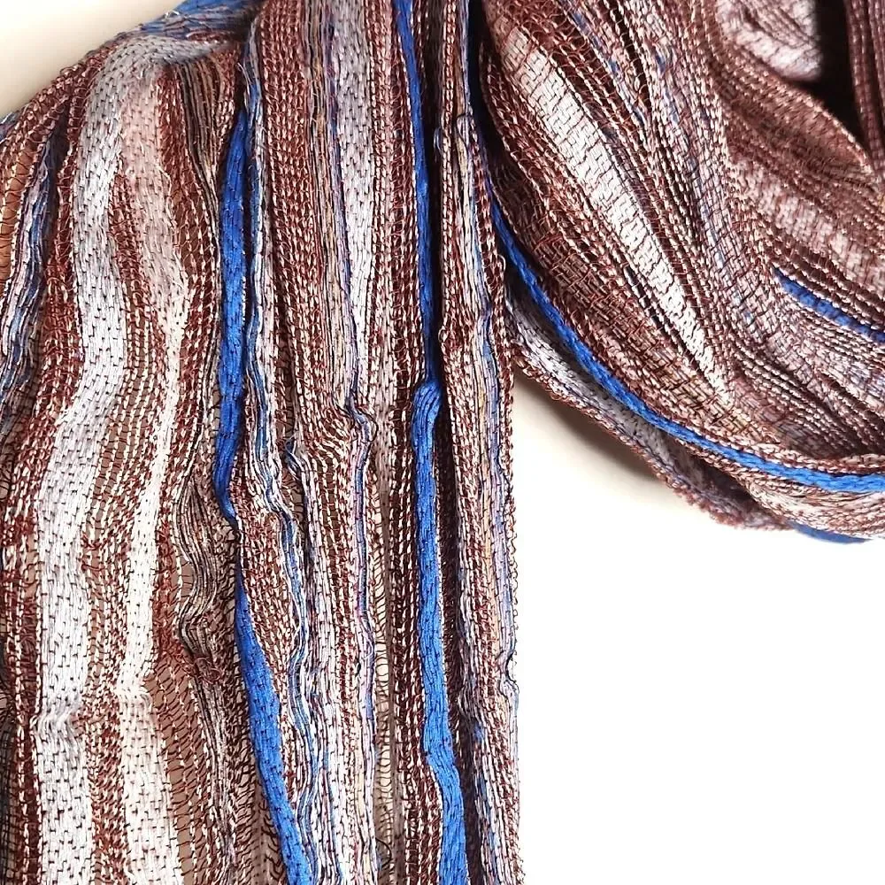Boho Striped Brown, White and Blue Accent Scarf